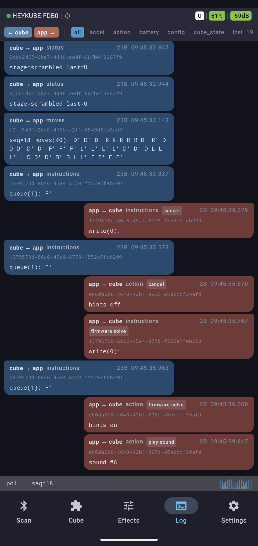 Log tab — BLE message inspector