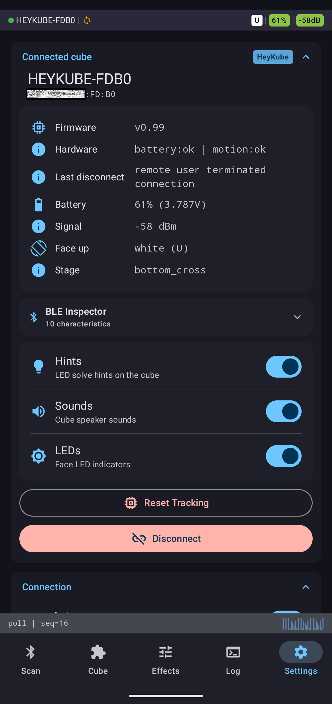 Settings — connected device